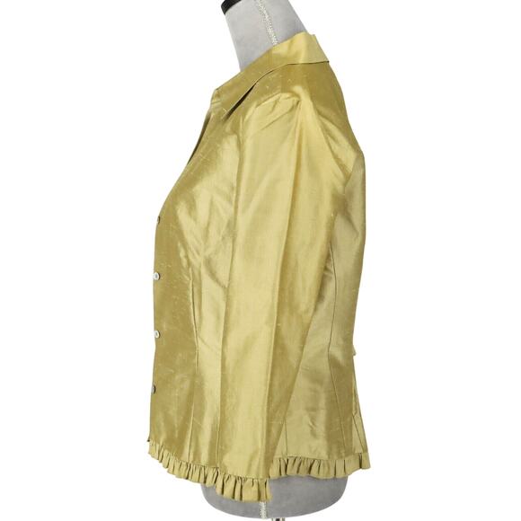 Cache Jacket Womens 8 Silk Green Gold Lined Pleated Trim Lightweight Vintage - Picture 5 of 12